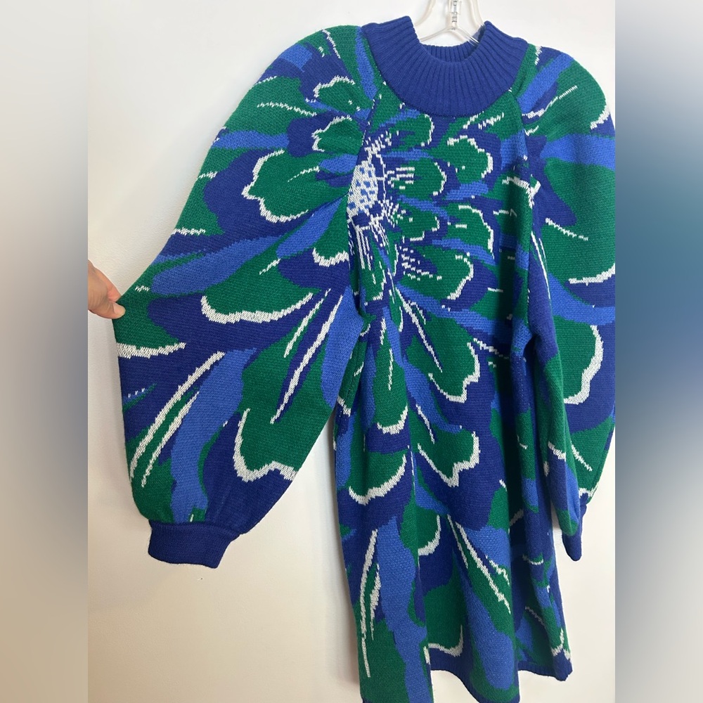 Farm Rio Knit Sweater Dress Balloon sleeves Size Large Floral Multi Color Blue - Picture 3 of 12